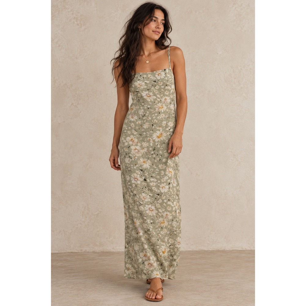 American Eagle Maxi Dress Sage Green Floral Open Back Cottagecore Medium
